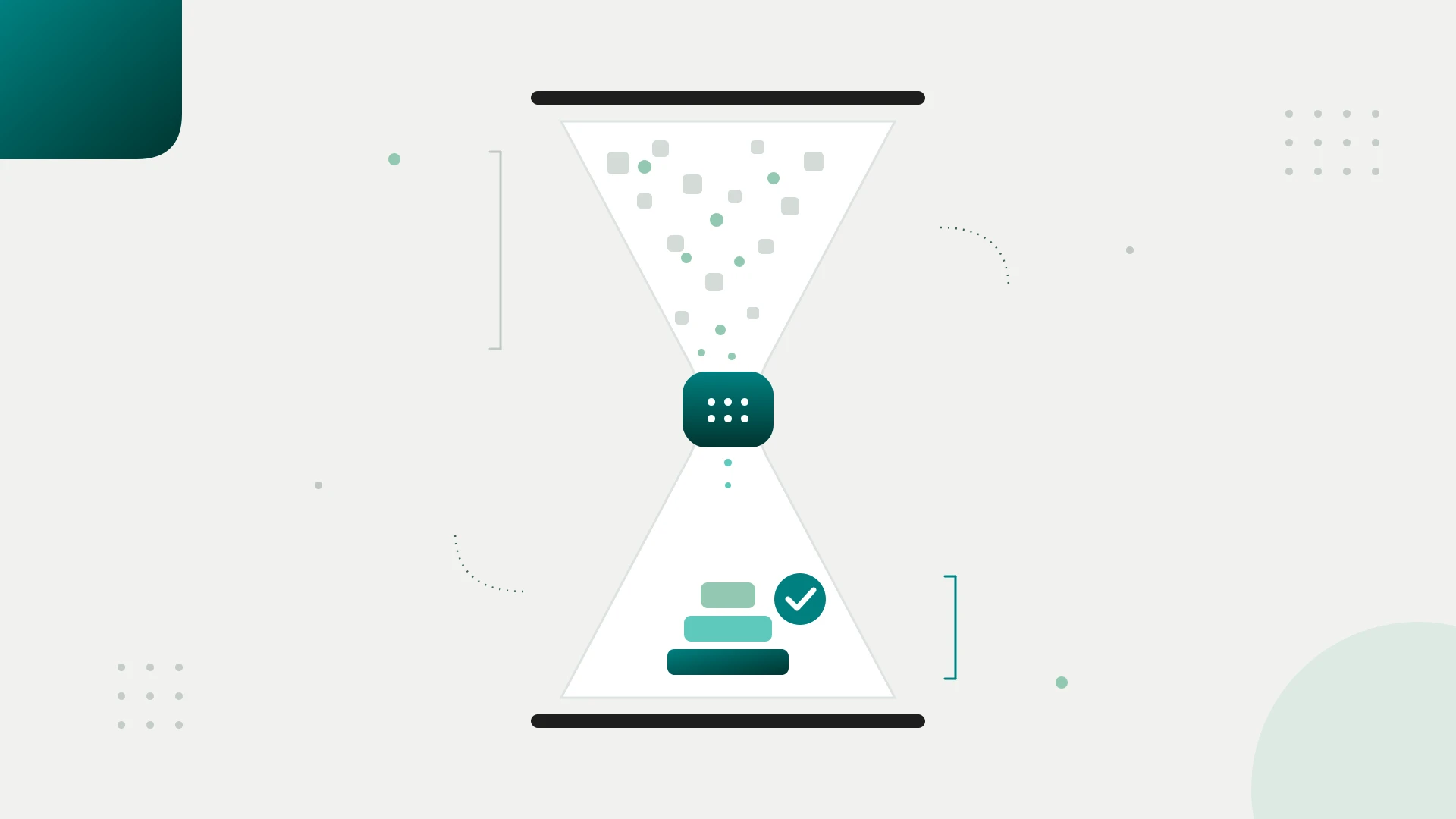 Hourglass funnel: scattered agency tasks pass through an AI layer and come out as reviewed, approved deliverables