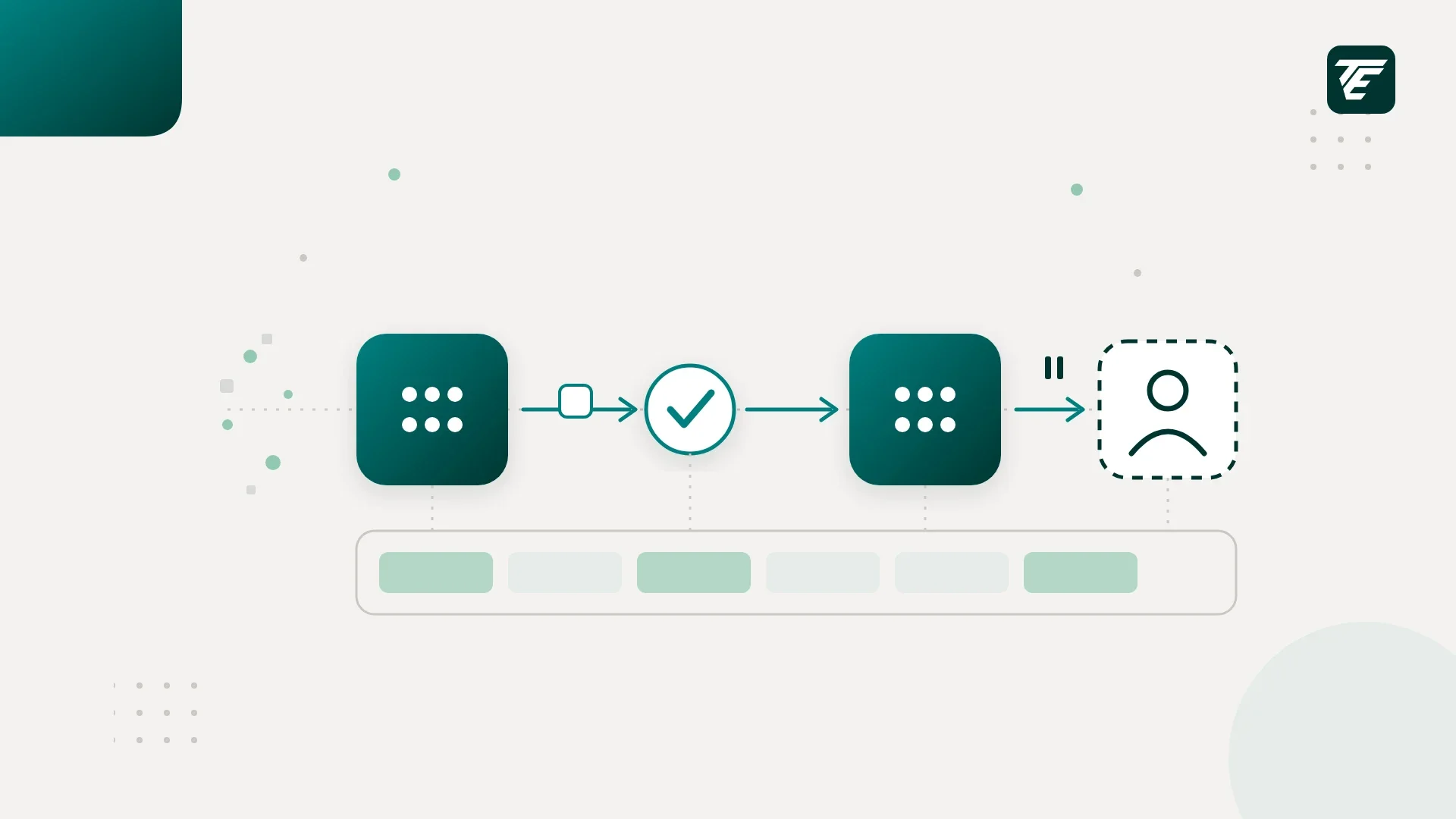 Two AI agent nodes pass work along a line with a check between them, ending at a dashed human approval box, all connected to a shared task board