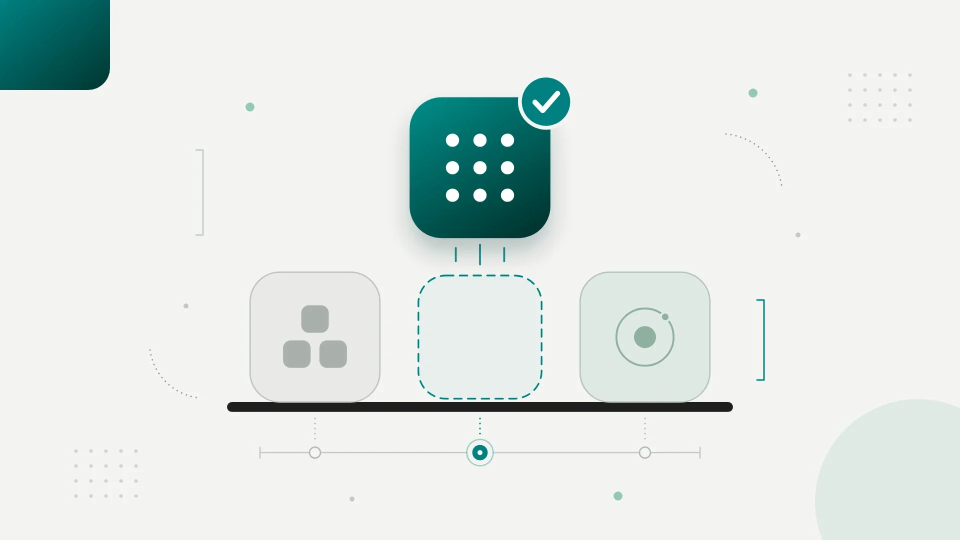 Three AI agent tiles on one platform with the middle slot selected and marked with a check