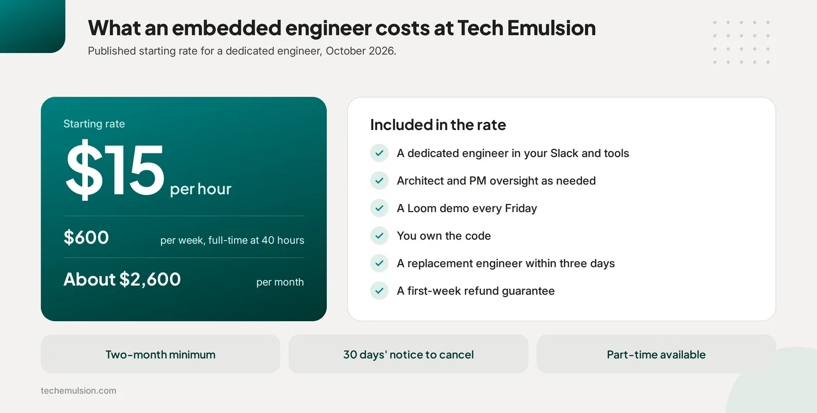 Tech Emulsion embedded engineer pricing starting at $15 per hour, with inclusions and contract terms.