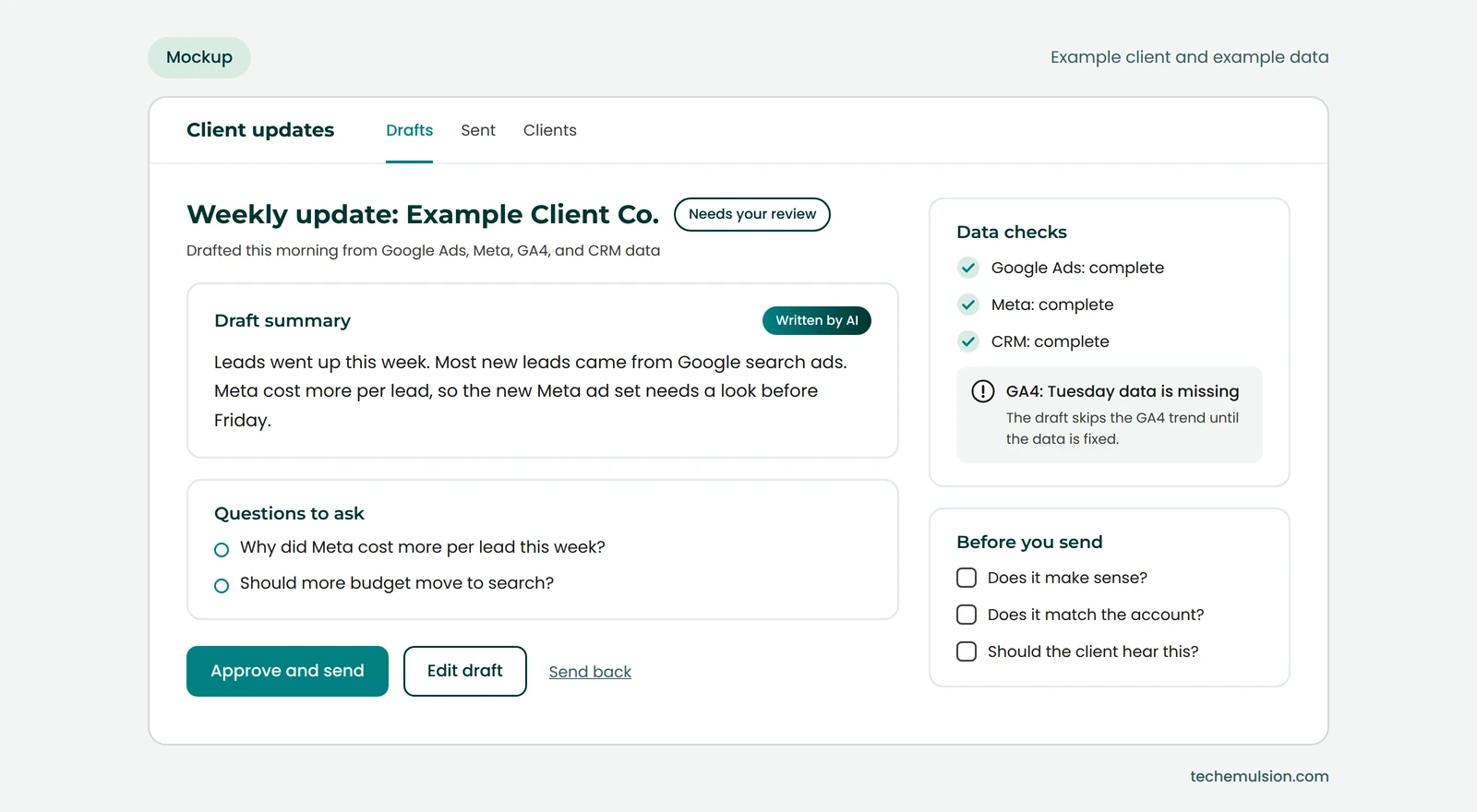Mockup of an AI-drafted weekly client update waiting for account manager approval, with a data check flagging missing GA4 data