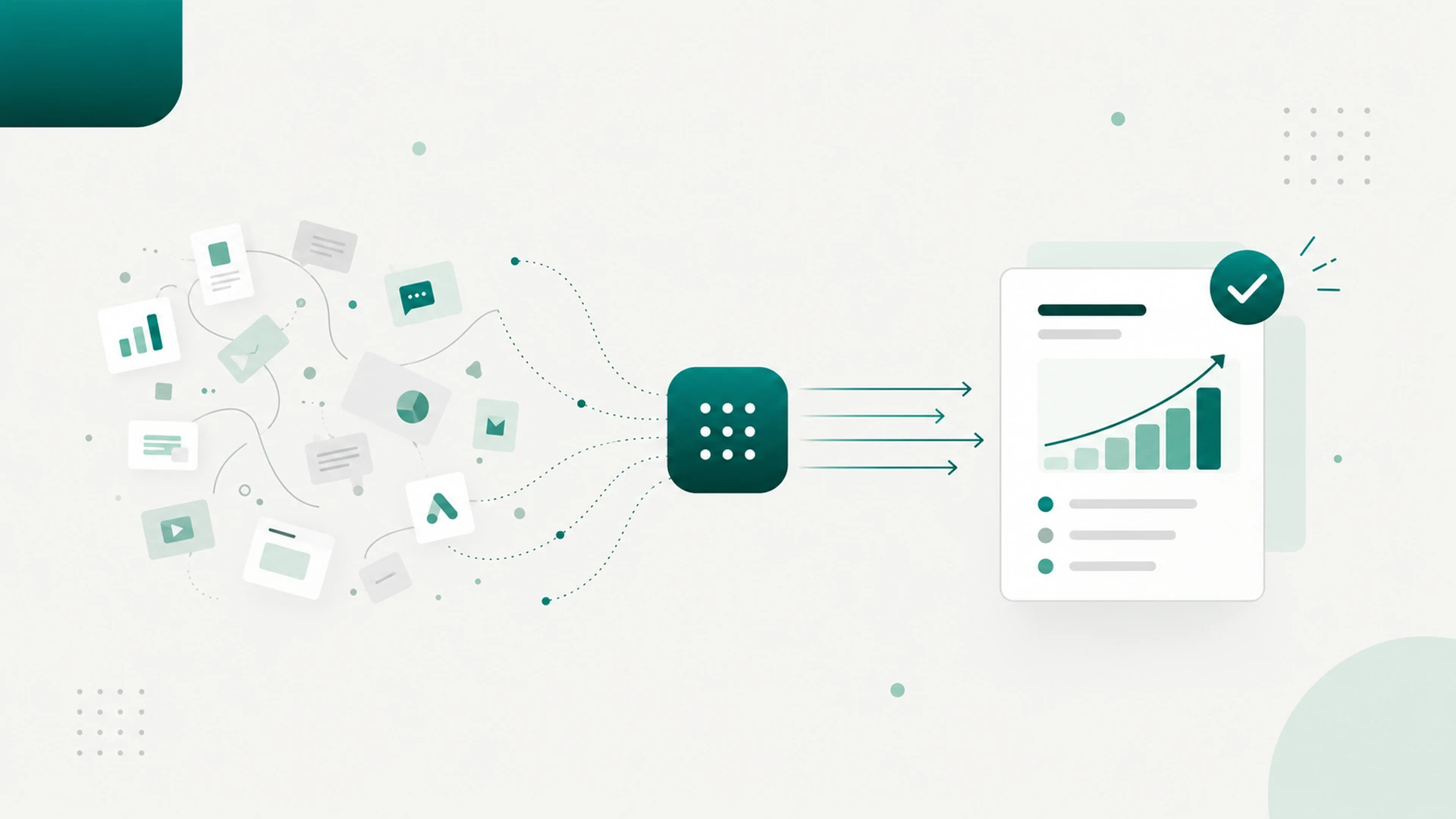 Scattered marketing tasks flowing into one automation hub that produces a finished client report with a rising chart and a check mark